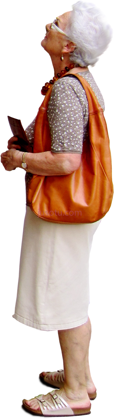 老妇人抬头看,old woman looking up at something a large orange PNG