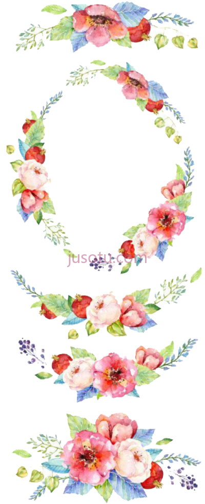 水彩花卉花环,fresh watercolor flowers hand drawn wreath decorative PNG