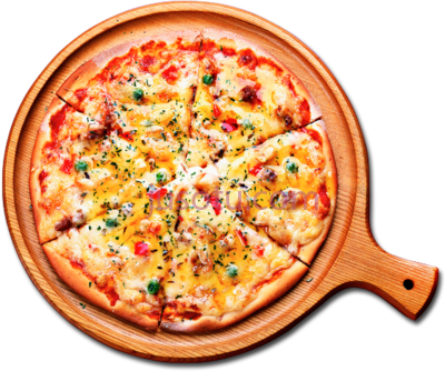 比萨,or thin dough pizza on wooden plate PNG